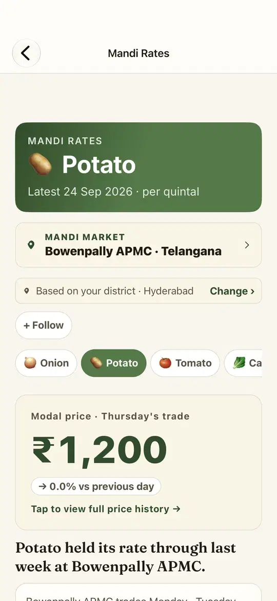 Mandi Rates screen in the Cold Konnect app, showing the potato price at Bowenpally APMC, Telangana